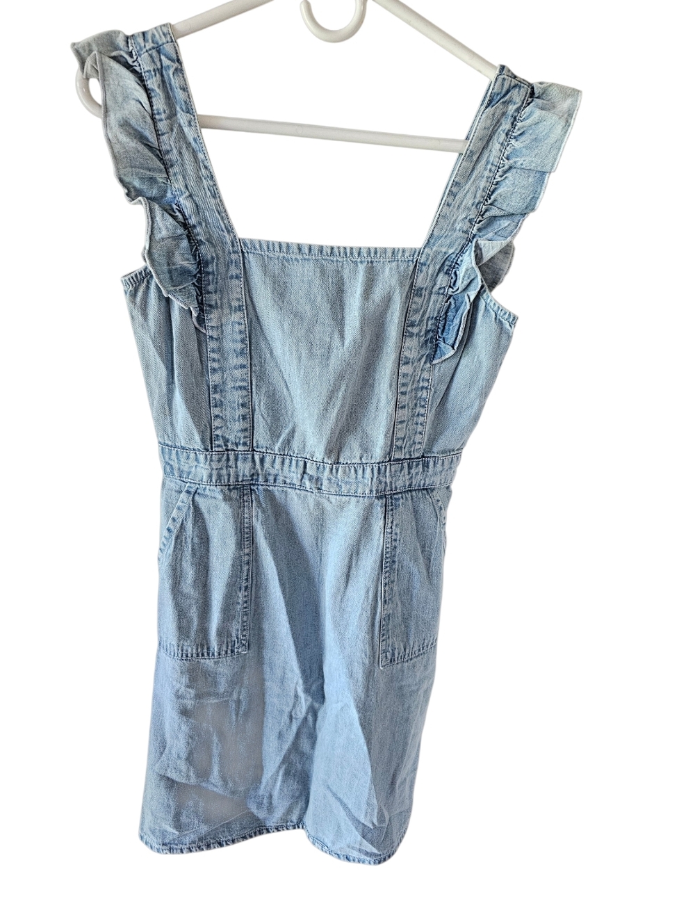 JAPNA Light Wash Denim Ruffle Strap Mini Dress Pockets S